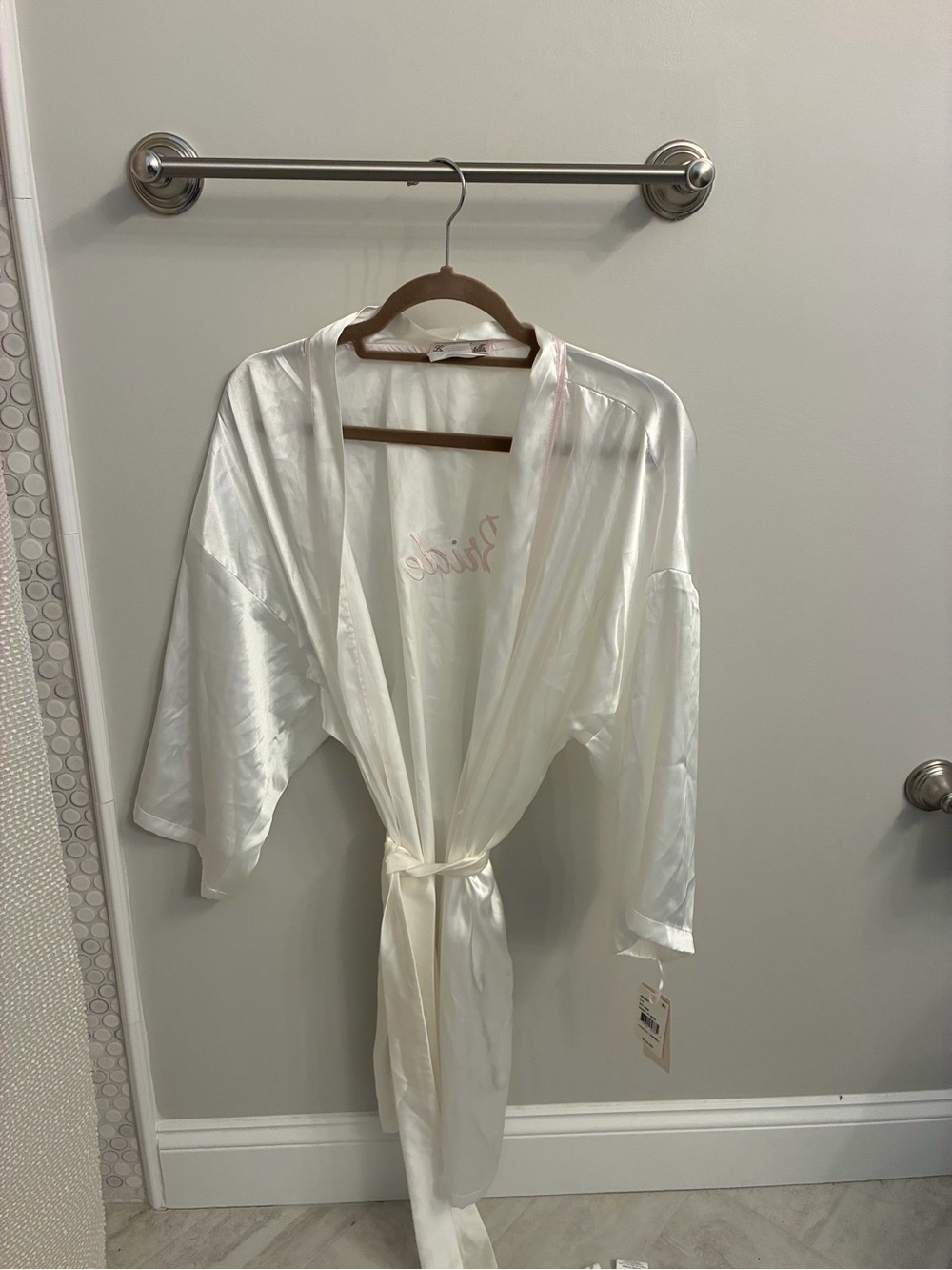Linea Donatella Satin Kimono Robe with 'Bride' Embroidery - White